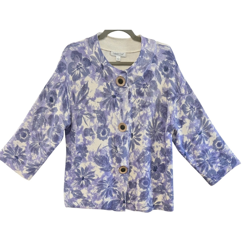 Coldwater Creek Purple Chic Abstract Floral Knit Sweater L 3/4 Sleeve Button Up
